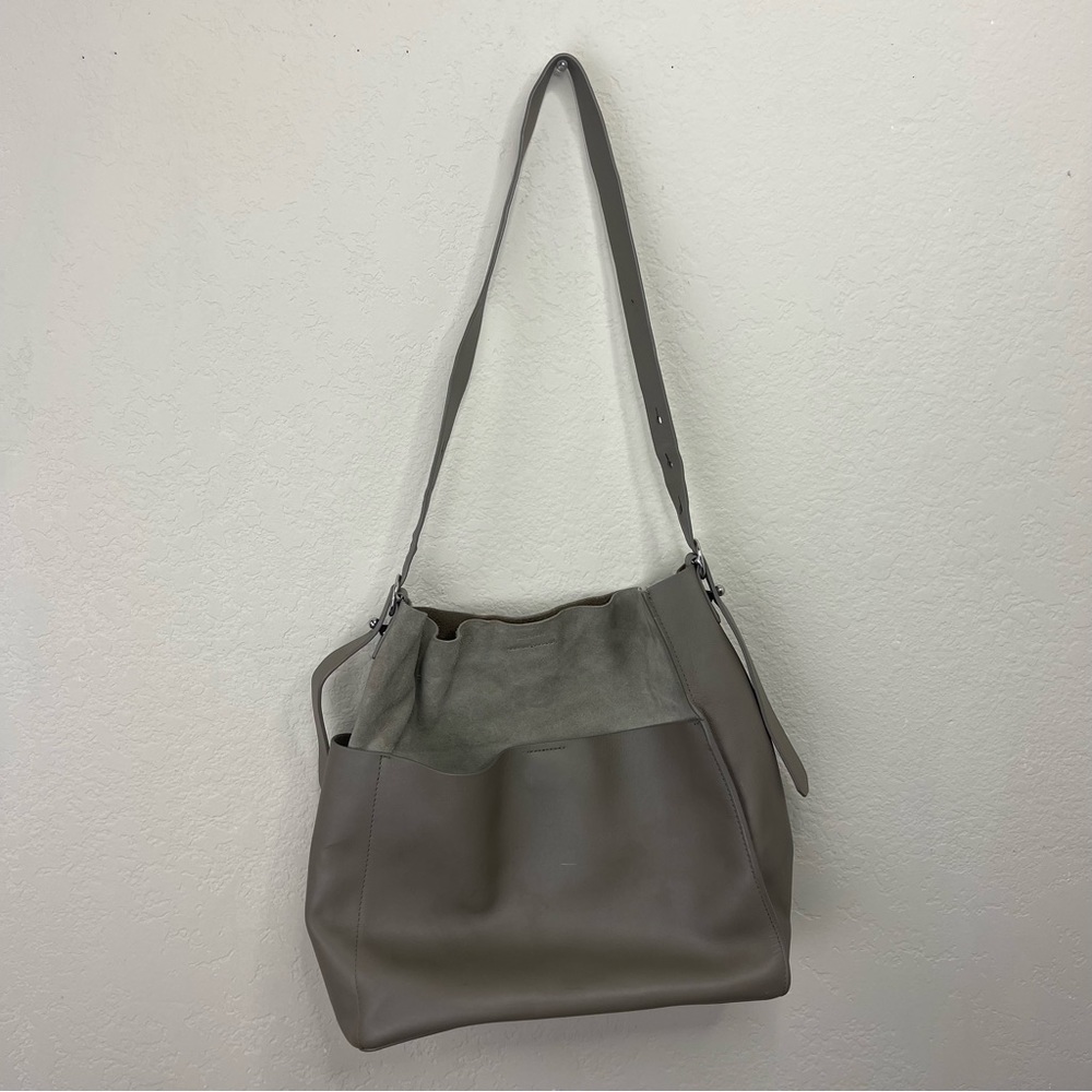 All Saints suede smooth leather gray shoulder tote hobo purse